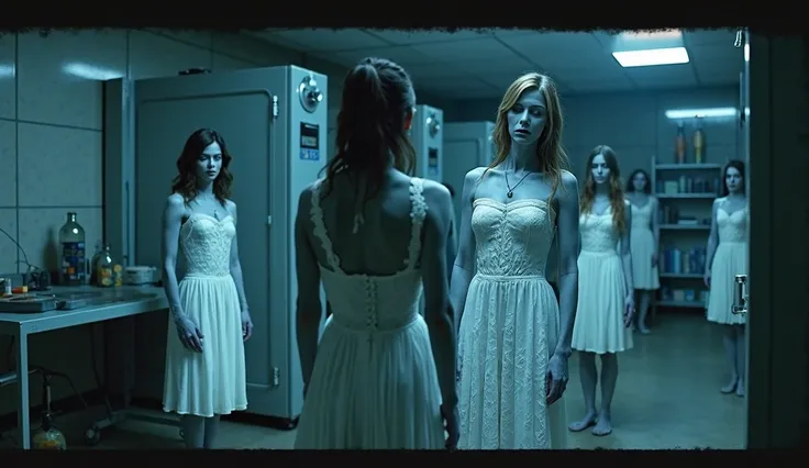 DVD screengrab from horror movie:  Huge Capsules containing sleeping Zombie Women, Women have blue skin like zombies, Women are dressed in white dresses that emphasize their hourglass figure, In the background is a Dark Science Laboratory from Horror movie...