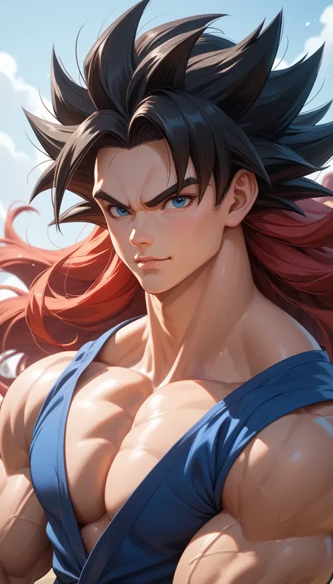 Red long hair ssj3 goku best portrait muscular original Gi 