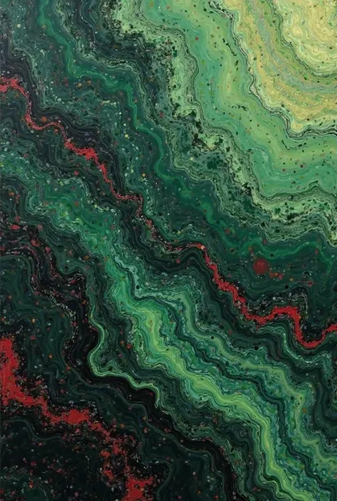 
"Create an abstract horizontal background with a 1:3 aspect ratio, where the dominant ochre green color flows in a fluid, chaotic marbled pattern with black swirls, creating an organic, unstructured design. The green and black should blend together natura...