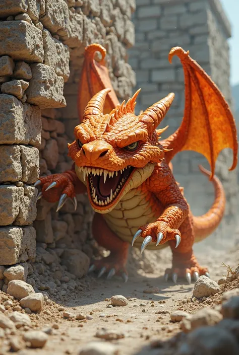 An angry little orange dragon tramples on a cracked wall