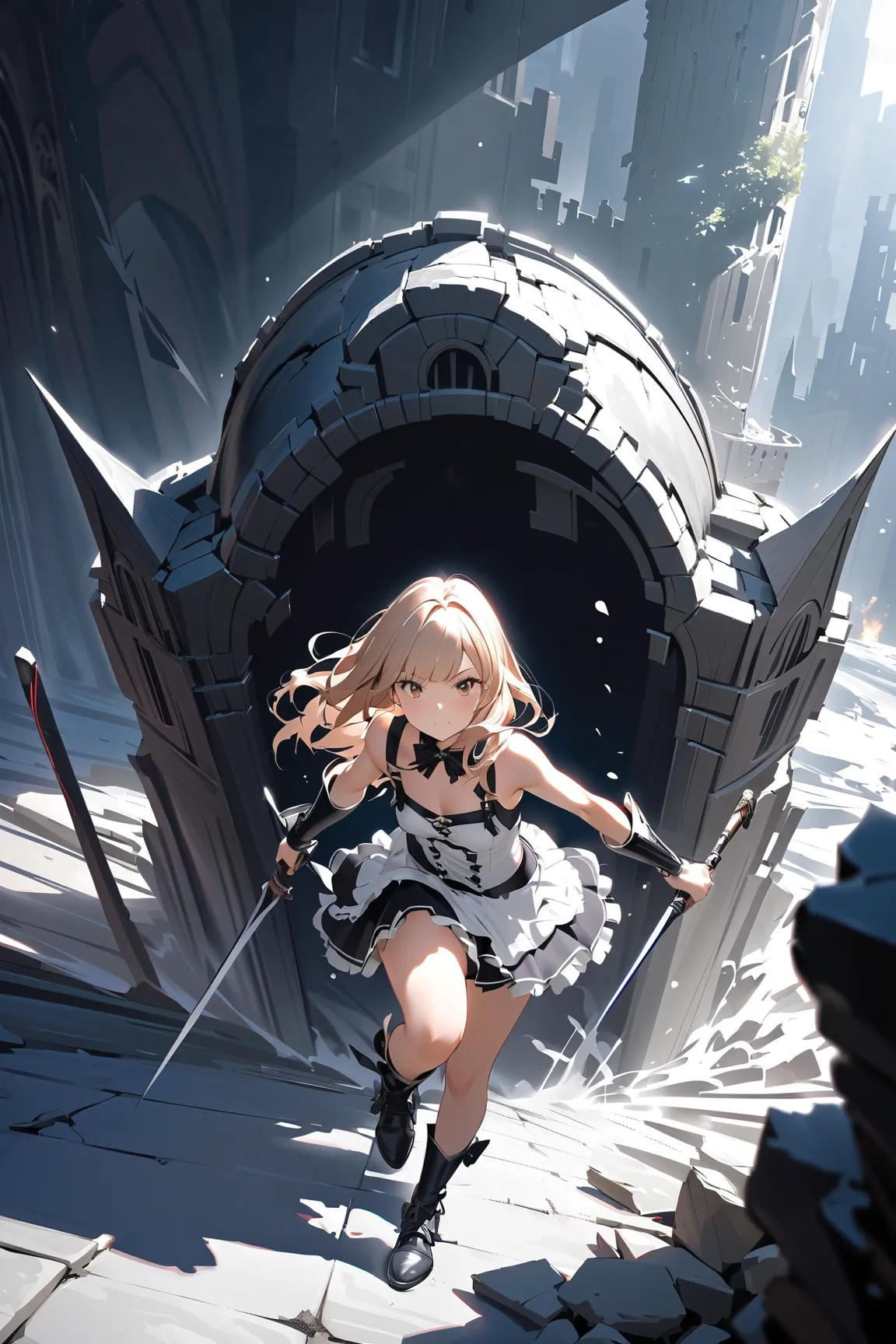 1 girl, (cute face), ager, (medium long hair), (determined look), (small breasts), slim, (wearing a sleek battle maid outfit), above knee length, (silver accents), 
BREAK 
crumbling castle ruins, (intense battle scene:1.2), wielding a heavy strike weapon, ...