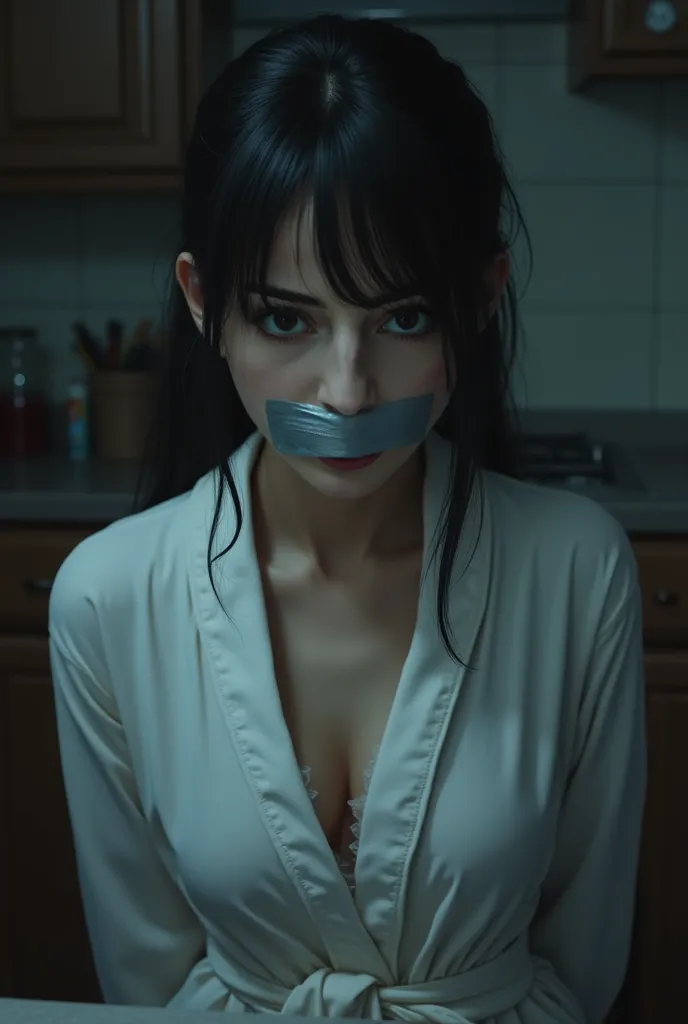 Close image of woman her mouth taped by silver duct tape black hair tied in back wearing white Bathrobe hands hidden in her back sitting down on the chair in dimly lit kitchen inside her house