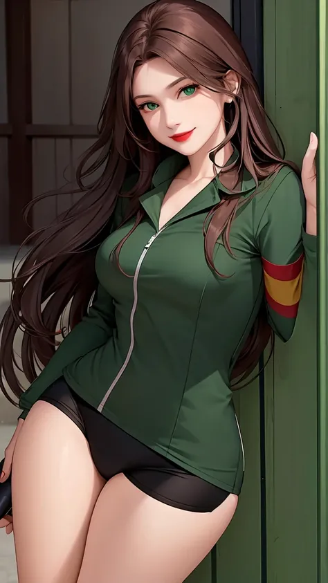 woman , long hair brown, normal, dark, she is solo, from alternative world ,best quality, realistic, cycling (full dark green color) suit and cycling sports black shorts, she is stand , smile, red lipstick , 