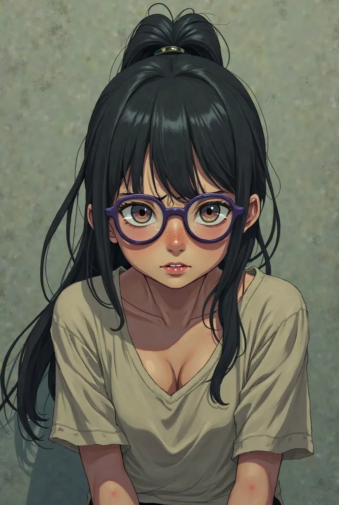 Ugly anime girl, long tied black ponytail with nerdy purple glasses with a yellowish tan skin with no friends and is a crybaby weak and is made fun of