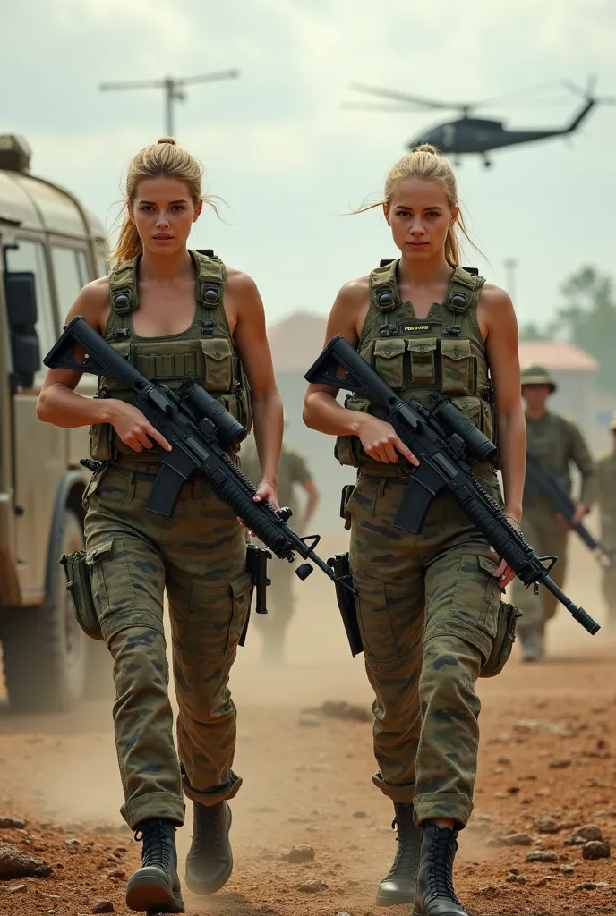 "Two professional female soldiers with athletic and well-defined physiques, walking confidently through an intense battlefield. They wear Denmark military uniforms in a modern camouflage pattern, equipped with tactical vests, utility belts, and military ge...