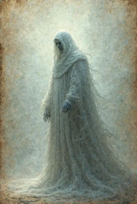 Ghost of a creepy and transparent sorcerer placed on the lower right side of a large sheet of clear antique paper, which is empty for a 90%, it will be the background for future content