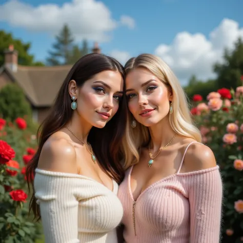 2 beautiful English women pose against a Beautiful Country Garden backdrop,1 is a brunette and the other is a blonde, Red and peach coloured Roses, blue sky with wispy white clouds, they are wearing jeans and coloured Angora wool sweaters that reveal gener...