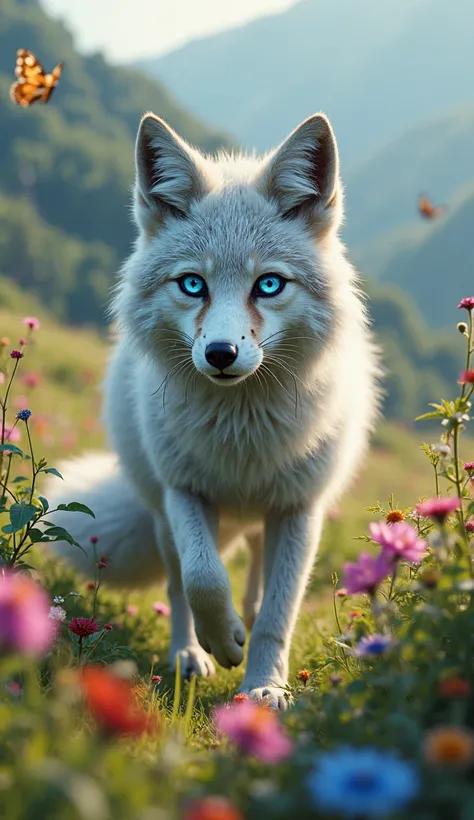 A sleek silver fox with glowing blue eyes walking through a vibrant valley. Colorful flowers, butterflies, and rolling hills, peaceful and magical, ultra-detailed, 8K resolution.