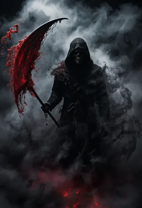 Black Grim Reaper, Wrapped in black and red, ( has a scythe ),Detailed Weapons, Highest quality, Ultra High Definition,  dark and mysterious, Gothic,  Threatening Presence ,   Memorable Atmosphere  ,  Aether Lighting , dark and ominous ,  Spooky Shadows , ...