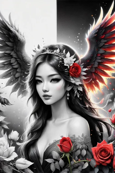 White robe, Thorns, Injury, An angel wrapped in huge wings, Goddess of Battle, mori kei, dark silver, romantic academia, full body, ferrania p30, Pray with both hands, Thorny rattan, Red rose, A throne made of stone, Bandage, Epic scene, (The work should t...