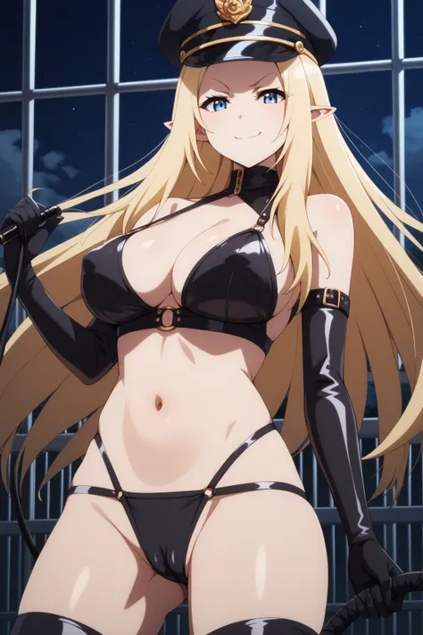 masterpiece,best quality,{{detailed beautiful face and eyes}}, very detailed background,
Alpha,{{{megami magazine}}},long hair,blonde hair,blue eyes,pointy ears,large breasts,
(dominatrix:1.3),belt,elbow gloves,black hat,peaked cap,
(black string bikini:1....