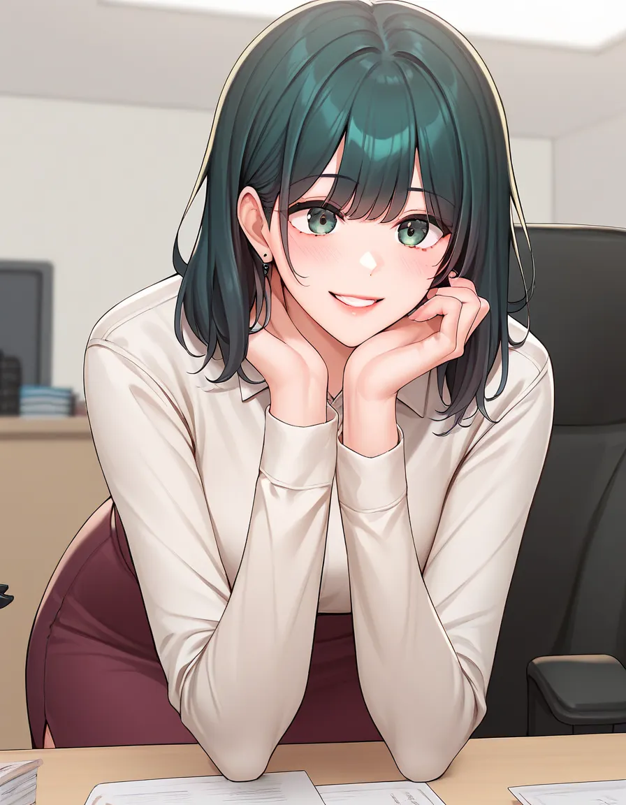 Score_9,Score_8_up,Score_7_up, Resources _Japanese cartoon,  detailed facial, Dark green eyes, dark green hair， watching the audience, blush, Cowboy shooting FW.place,  big boobs, long sleeve, skirt, Rift, thigh,  office,  Smile, Shut up,