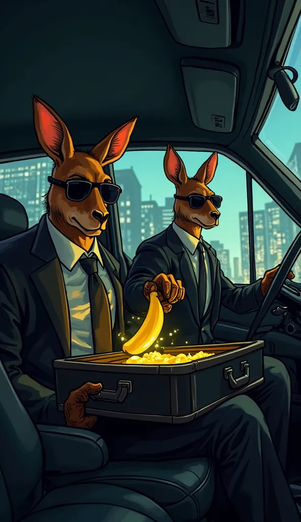 A dramatic, suspenseful cartoon-style scene set inside the taxi, with the focus on the well-dressed kangaroo in the back seat. He’s wearing his black suit and dark sunglasses, his face calm but intense, as he carefully opens his sturdy black leather briefc...