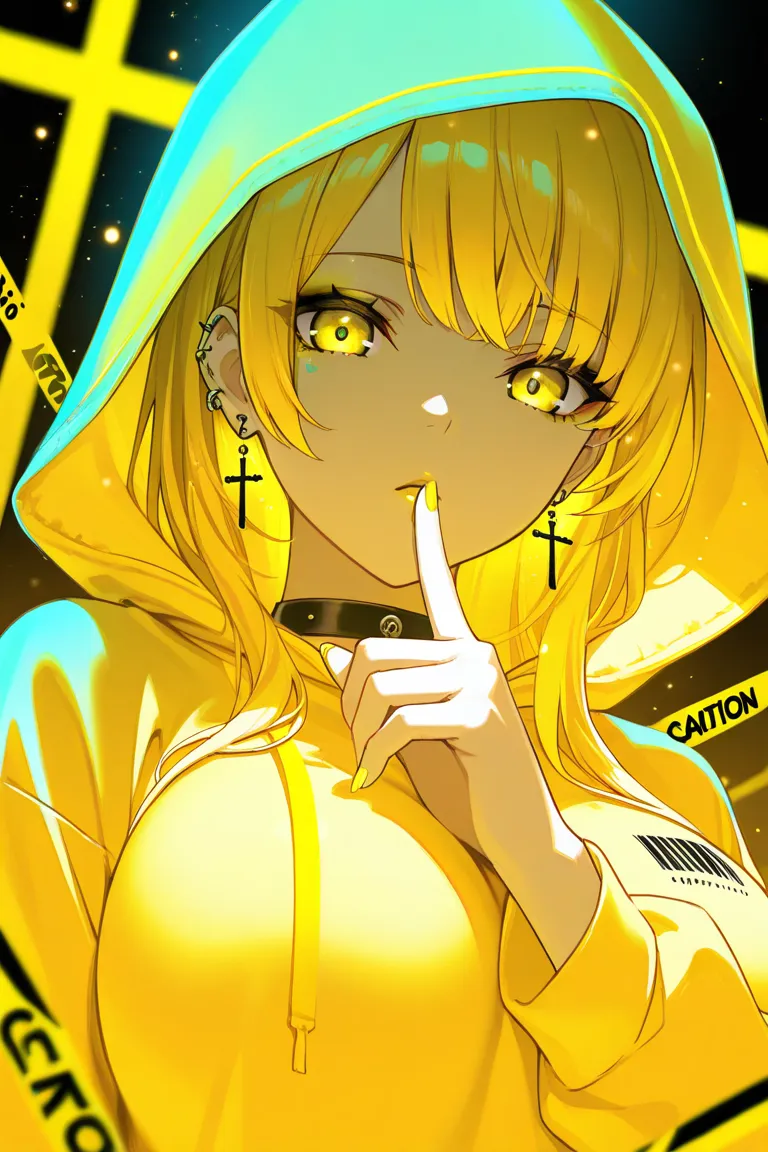 Perfecto breast,large breast, yellow_nails, solo, yellow_eyes, jewelry, hood, yellow_theme, earrings,  looking_at_viewer, bangs, hood_up, spot_color, nail_polish, finger_to_mouth, barcode, caution_tape, cross, bandaid, makeup, long_hair, piercing, hoodie, ...