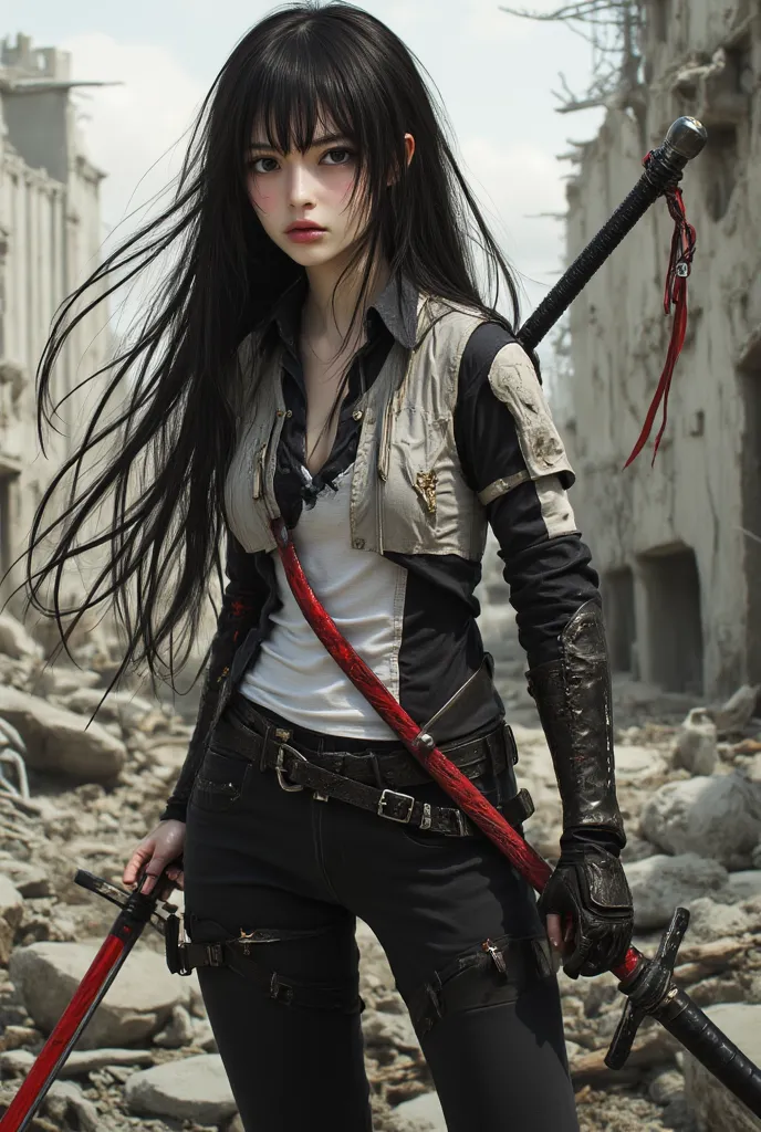 Handcuff Girl 、 Japanese、woman、18 years old、Beautiful Girl、dark hair long hair、 The bangs are aligned above the eyebrows 、The center of the bangs is dyed red 、 the upper arm is equipped with metal hand armor 、 the sword is sticking out from between the bac...