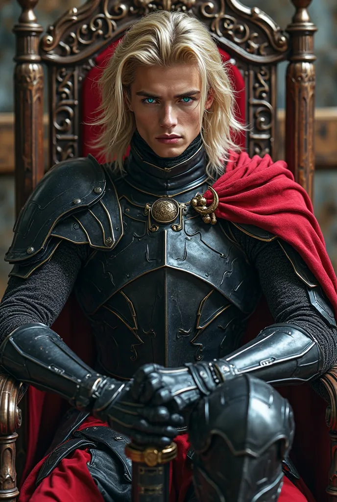 Young beautiful man with color blue lion like eyes with flowing blond hair and wearing a robotic black knight armor with red cape. The man is sitting on a throne with his Great sword beside him