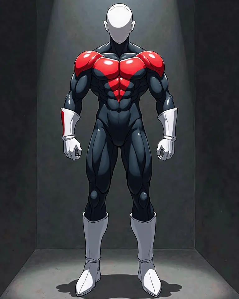 "An anime-style, highly detailed battle suit inspired by Jiren (The Gray) from Dragon Ball Super. The suit features a form-fitting, muscular design with a bold red upper section forming a V-shape across the chest and shoulders, smoothly blending into a jet...