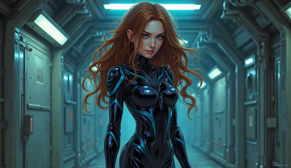 Create a highly detailed illustration of a white woman with long, flowing curly brown hair and striking blue eyes. She has pale, fair skin and an hourglass silhouette, wearing a sleek, skin-tight exosuit made of latex-like material that accentuates her cur...