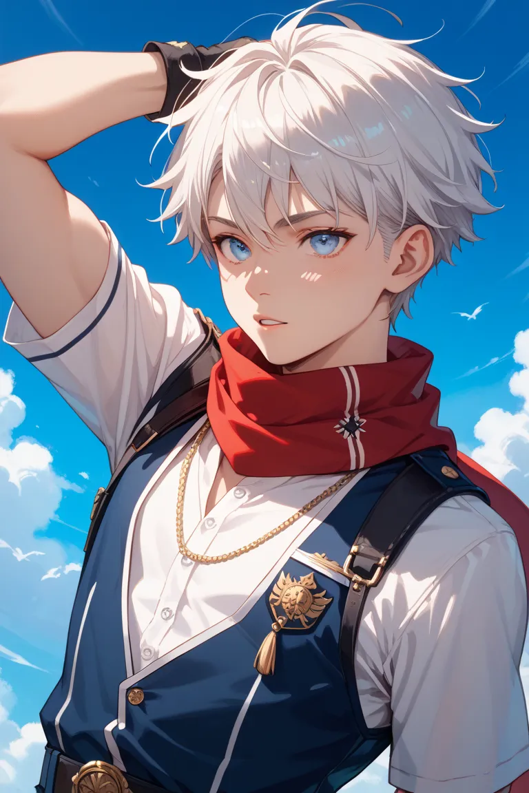 A tall, short-haired young man with silvery white hair, slender eyes that seem to have trapped the blue sky, sharp contours, and a three-line pattern like a beard on his cheeks｡Wear a red scarf and a Jujutsu National College uniform､