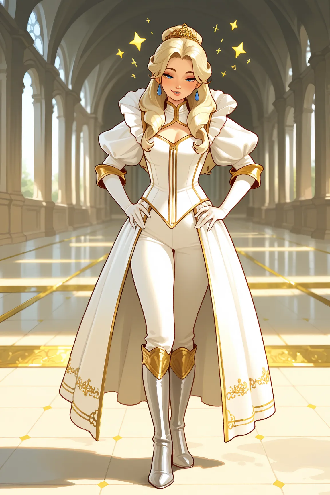 Detailed image, high quality, duchess, long supermodel hairstyles, excellent shapes, wearing in seductive aristocratic knight fencing glistening outfit with ruffles, in boots, in gloves , on training area, midevial, fantasy world 