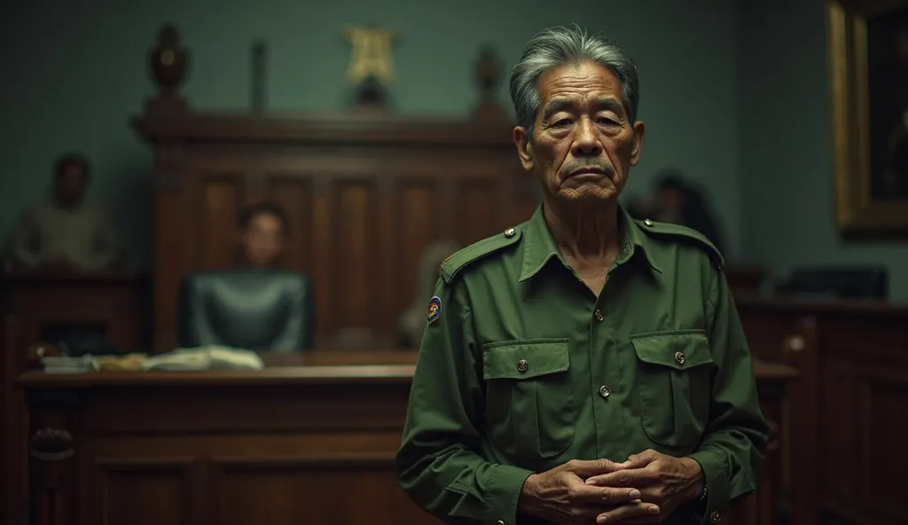 A tense courtroom scene in Vientiane, Laos. Before the defendant's stand, Keo Vannak, about 40 years old, stands tall in his old green police uniform. Although he has lost some weight, his posture is still steady. His hands are clasped delicately, and his ...