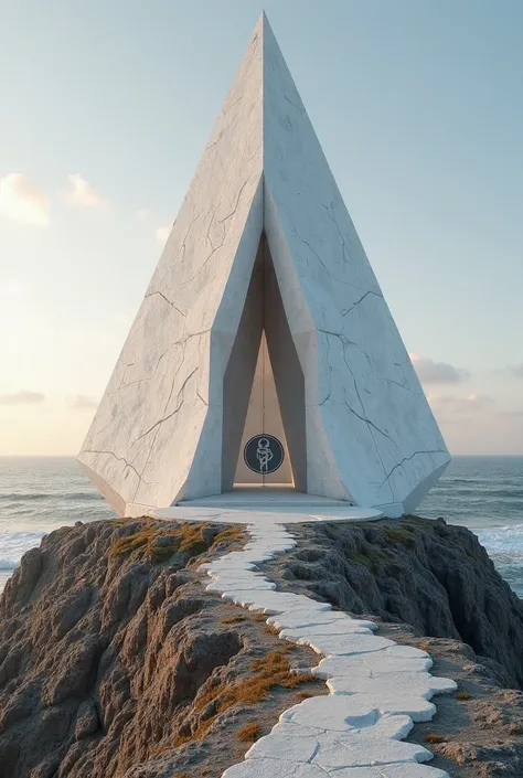 An imposing sanctuary of the Sentinels of Light, carved directly from a gigantic white rock on top of a hill overlooking the ocean. The structure has pointed and minimalist shapes, with triangular shapes and subtle details that evoke the sacred White light...