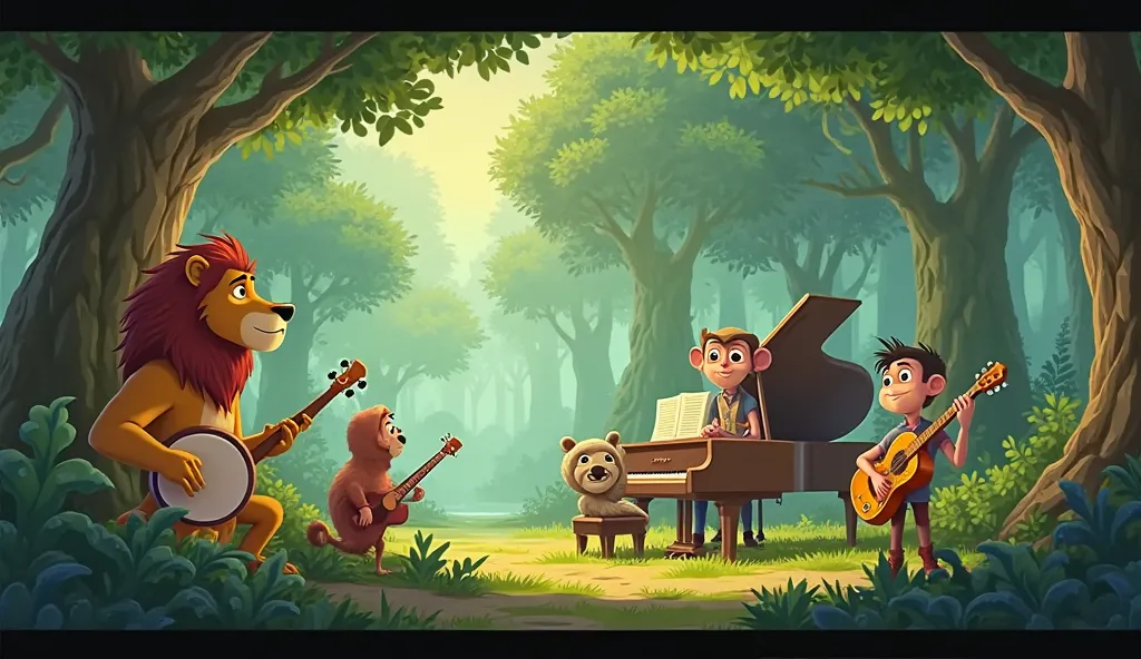 Title: The Lost Melody
Scene 1: Melody Forest – The Silence Begins

🎶 Opening shot: A vibrant forest where animals play instruments instead of talking.

Leo the lion drummer taps his drum rhythmically.
Bella the bird violinist plays a soft tune.
Max the mo...