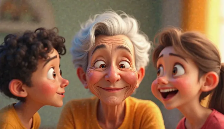 A close-up of the grandmother’s face as she tries to hold back a smile while her playful grandchildren make funny faces and gestures. The background is bright and cheerful.cartoon