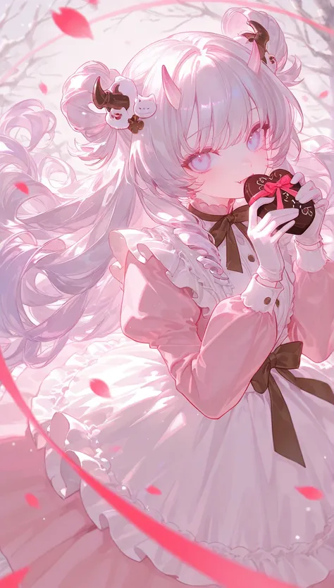 (1 girl with pale blown hair :1.4), botanical background、 pale colored background, the petals dance、detailed costume, Sunshine, dynamic angle, brown and pink clothes, pastry chef clothes, Clothes that are a mixture of pastry chef clothes and Lolita fashion...