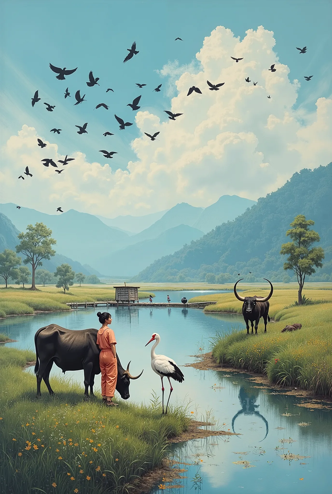 Painting a picture of a bright but sad northern Vietnamese countryside, showing a deserted river dock with a bull on the right side of the picture, in the left corner is a dark blue field with a female Villager in peach overalls is bending over a stork, ne...