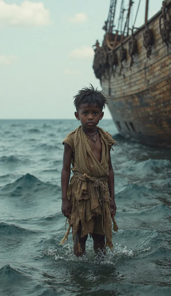 a young boy ion  a ship in ocean, the boy is wearing slaves clothes 