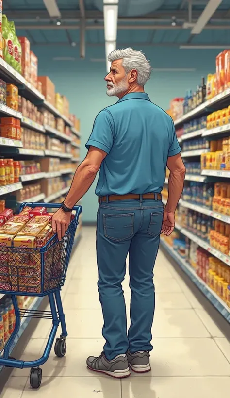 The character is a middle-aged man,  with short gray hair on the sides. He uses a blue polo shirt and jeans, with comfortable sneakers to walk through the aisles of the supermarket. He pushes a shopping cart with an expression Thoughtfully, going from shel...