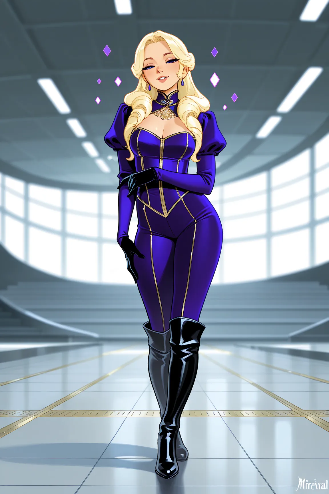 Detailed image, high quality, duchess, long supermodel hairstyles, excellent shapes, wearing in seductive purple aristocratic knight fencing glistening outfit with ruffles, in boots, in gloves , on training area, midevial, fantasy world 