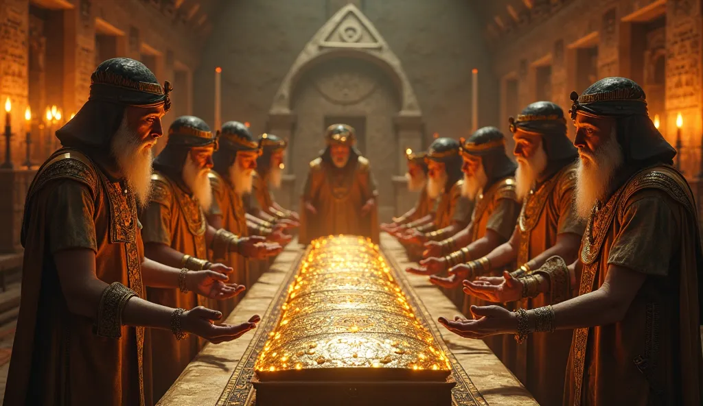 A group of ancient priests performing an advanced mummification ritual with golden artifacts, glowing with mystical energy. Ultra HD 4K cinematic realism.