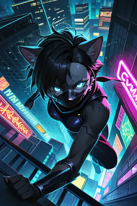 dynamic angle, dynamic pose, 1girl, solo, (((glowing eyes))), (((ninja))), (((ninja mask))), black hair, very short hair, messy hair, asymmetrical bangs, black cat ears, (((Anthro))), (((Furry))), black skin, Cyberpunk rooftop scenes, overlooking the city,...