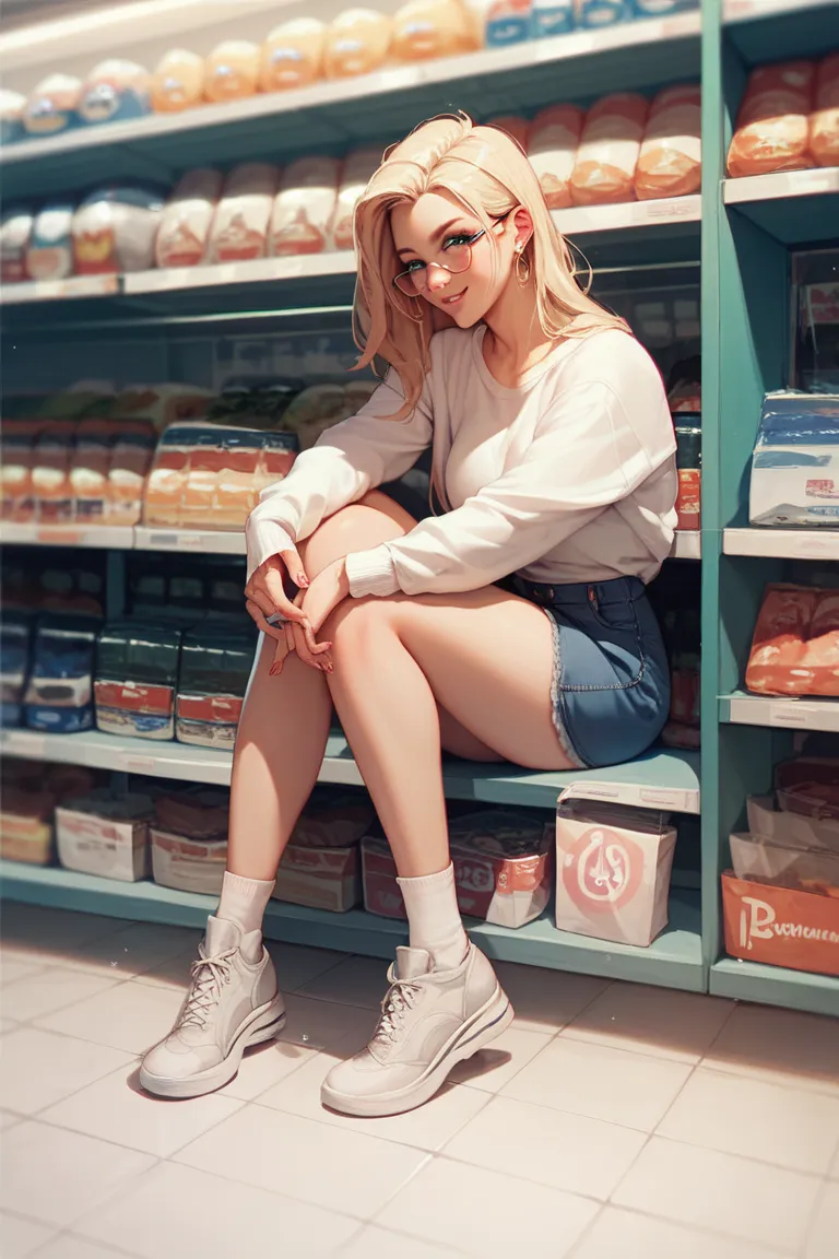 Girl sitting holding her knees　In front of the convenience store　night　