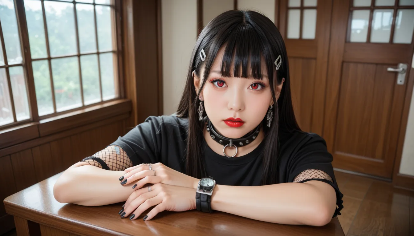 score_9, score_8_above, score_7_above,source_real,real skin,
BREAK
1 girl , Alone,  long hair, looking at the viewer, fringe, shirt, black hair, hair ornament,  red eyes, jewelry,  mouth shut, aboveper body,  short sleeves , earrings, hair clip,  inside th...