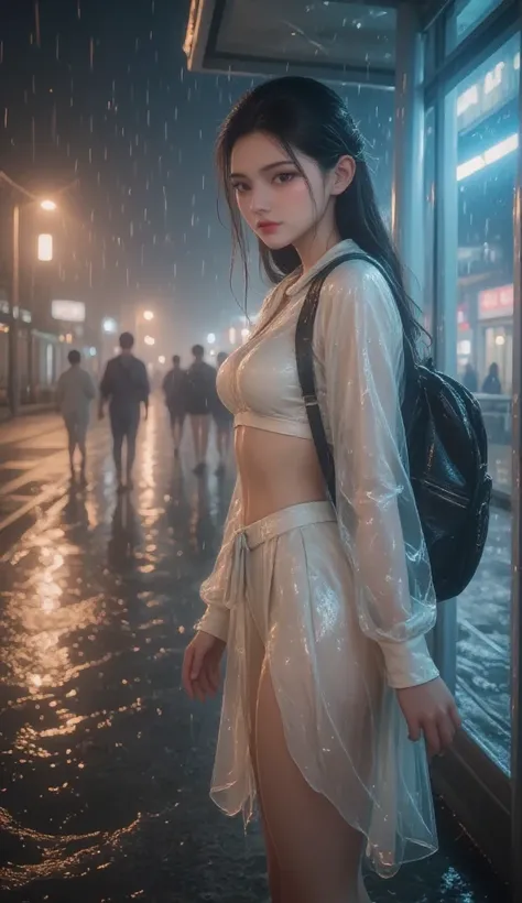 NSFW, TOP QUALITY , HD, 16k,   unbelievably ridiculous ,  very well detailed, 2.5D,   Delicate and Dynamic ,  beautiful woman,   attractive smile ,   busty high school girl , uniform、 sailor suit、、 ,  backpack,  ,  glitter effect, ((It's raining:1.3))、((My...