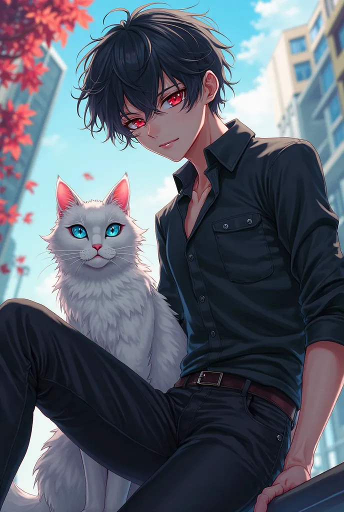 1 cool male anime character in red eyed black pants plus 1 turquoise blue eyed white cat 