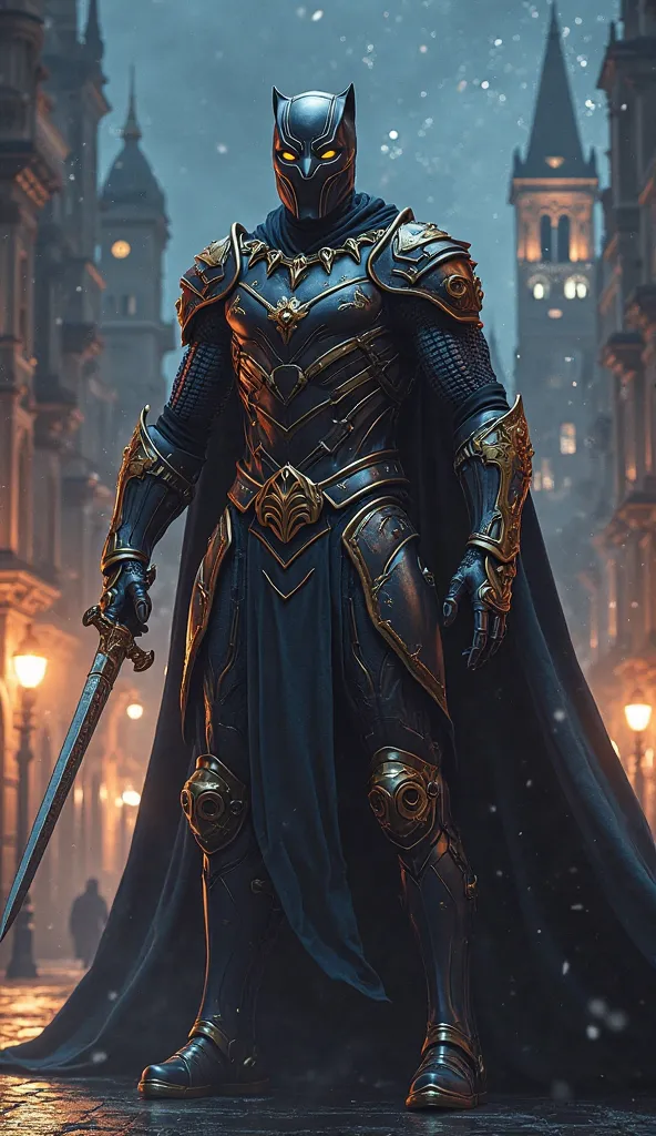 Creates an impressive image of a hybrid between Black Panther and a medieval knight. This character must be enormous and muscular, armor with armor that merges the elegant and technological style of Black Panther with robust and classic elements of medieva...