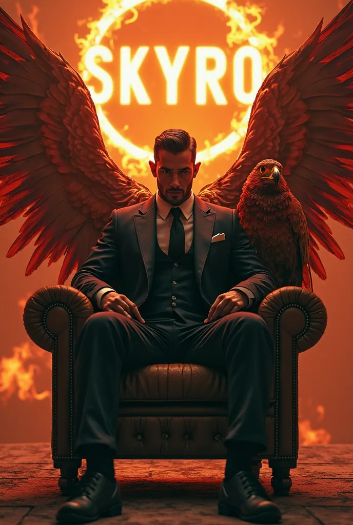 handsome gangster with phoenix wings holding a gun sitting on a chair with a phoenix bird on the side firebackground with sign of skyrio letter 