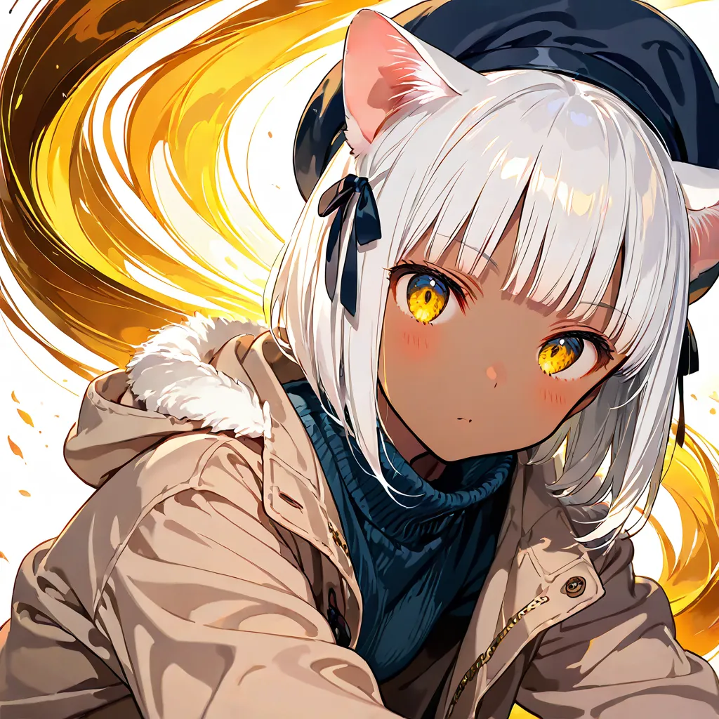 masterpiece, best quality, 1girl, bob, blunt bangs, white hair, golden eyes, dark skin with white cat ears, no human ears, 15-year-old, hair ribbon, hat, coat, sweater, white background, hyper detailed, anime, (hard-edged:1.4), golden ratio, highly saturat...