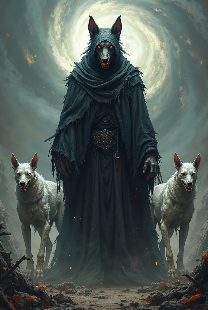 Hamanoid dark fantasy necromancer with a cute dog's head