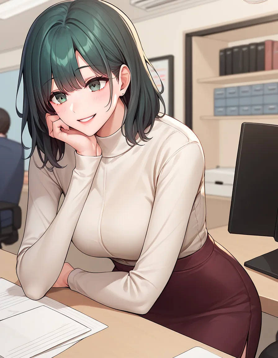 Score_9,Score_8_up,Score_7_up, Resources _Japanese cartoon,  detailed facial, Dark green eyes, dark green hair， watching the audience, blush, Cowboy shooting FW.place,  big boobs, long sleeve, skirt, Rift, thigh,  office,  Smile, Shut up,