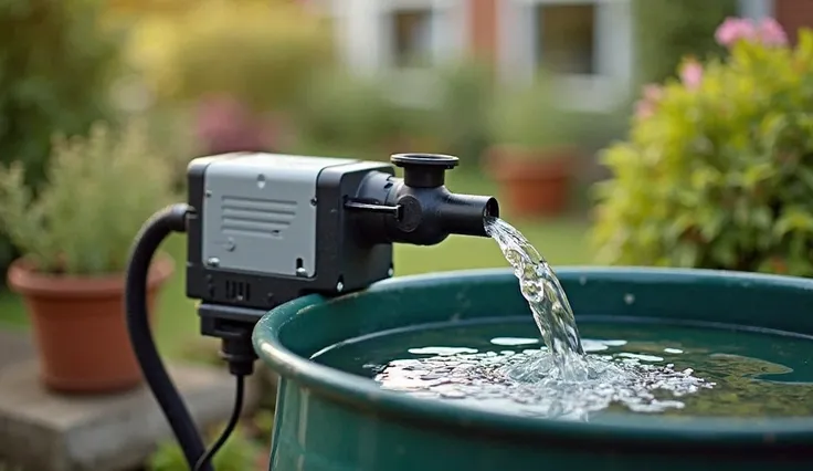 Electric water pump for liquid transfer in a garden or residential setting, connected to a large drum, transferring clear water. The background should show a garden, with the pump being used for watering plants or transferring water to an outdoor location.