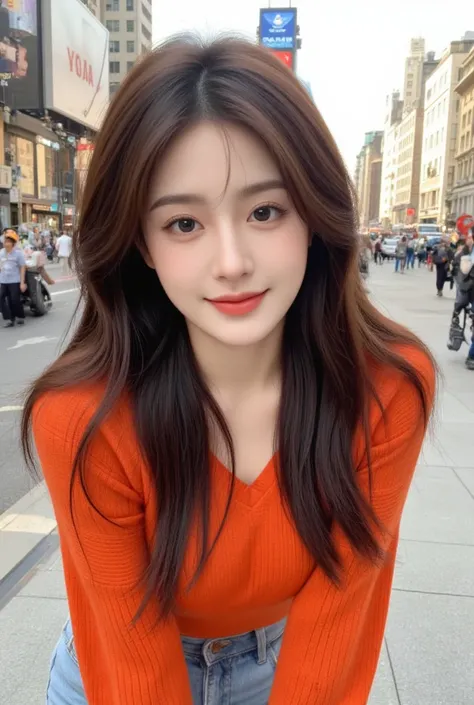  in high-definition images、 attractive young woman ,  beautiful eyes, Early Afternoon, Orange knit,denim pants style 、  facial details ,  forward leaning posture,  Full Body High Quality Image  , Times Square background, standing, Smiling and looking at ca...