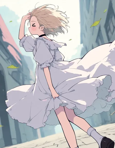 1girl, solo, > <, medium blonde hair, blush, frilled white dress, puffy sleeves, black mini shoulder back diagonally across shoulder, choker, white socks, black loafers, standing on one leg, leaning forward in the wind, headwind, spiky hair, arm up on head...