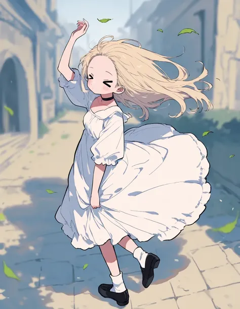 1girl, solo, > <, medium blonde hair, blush, frilled white dress, puffy sleeves, black mini shoulder back diagonally across shoulder, choker, white socks, black loafers, standing on one leg, leaning forward in the wind, headwind, spiky hair, arm up on head...