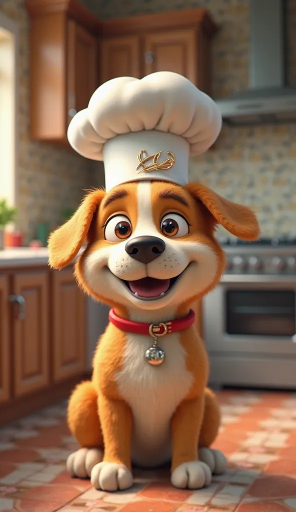 Make it look like the dog in the picture is cooking with a kitchen hat on