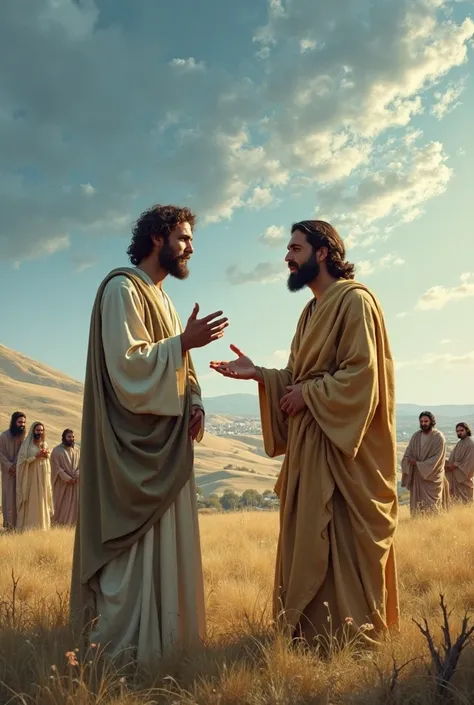 John and Jesus talking in an open field, pointing to others who are casting out demons, near a town in Jerusalem